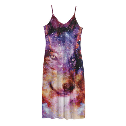 Galaxy Wolf Portrait Print Jersey Midi Cami Dress