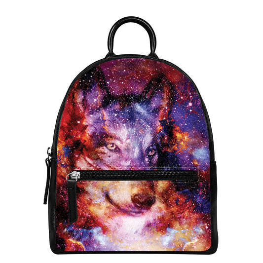 Galaxy Wolf Portrait Print Leather Backpack