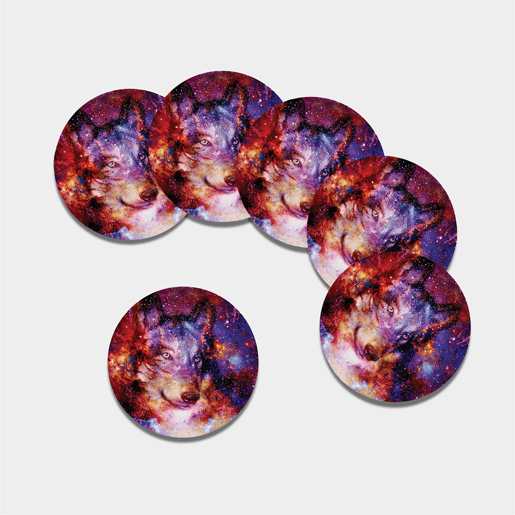 Galaxy Wolf Portrait Print Leather Coaster Set