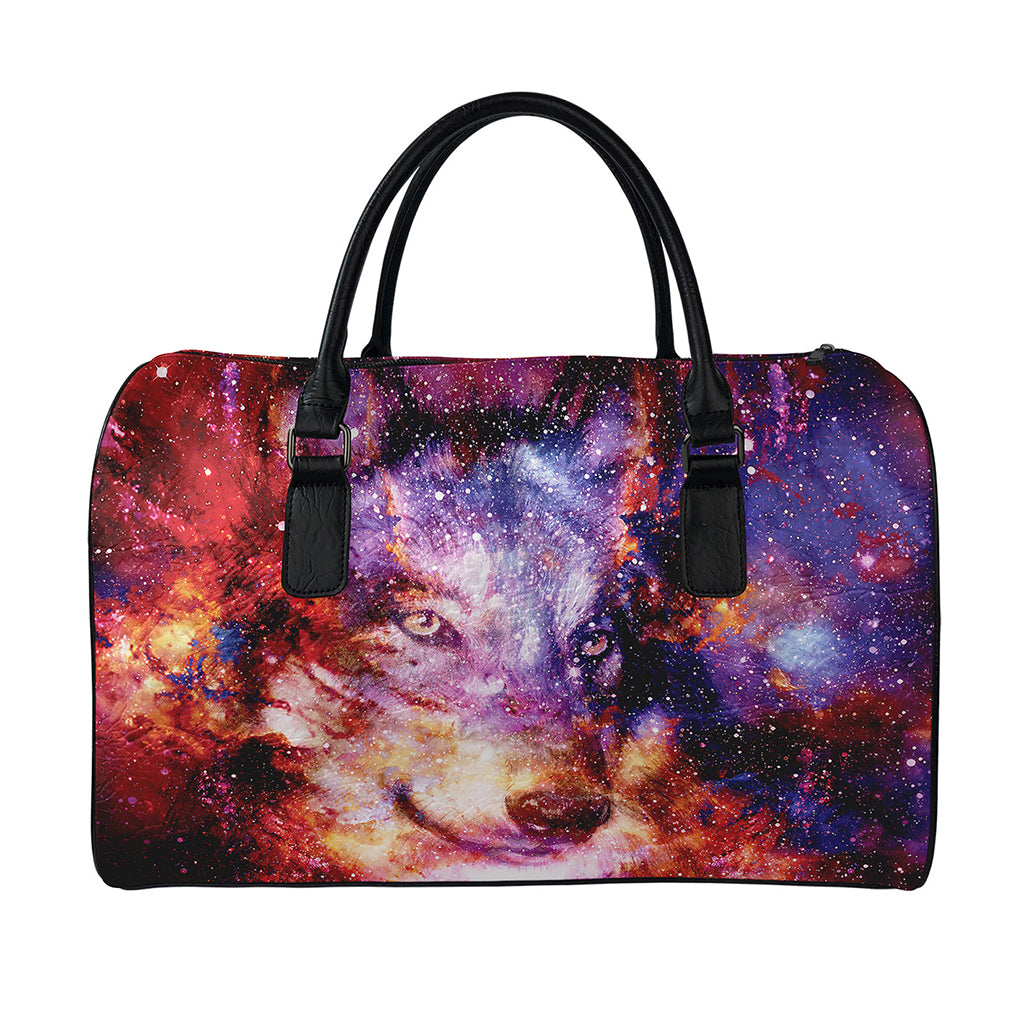 Galaxy Wolf Portrait Print Leather Duffle Bag