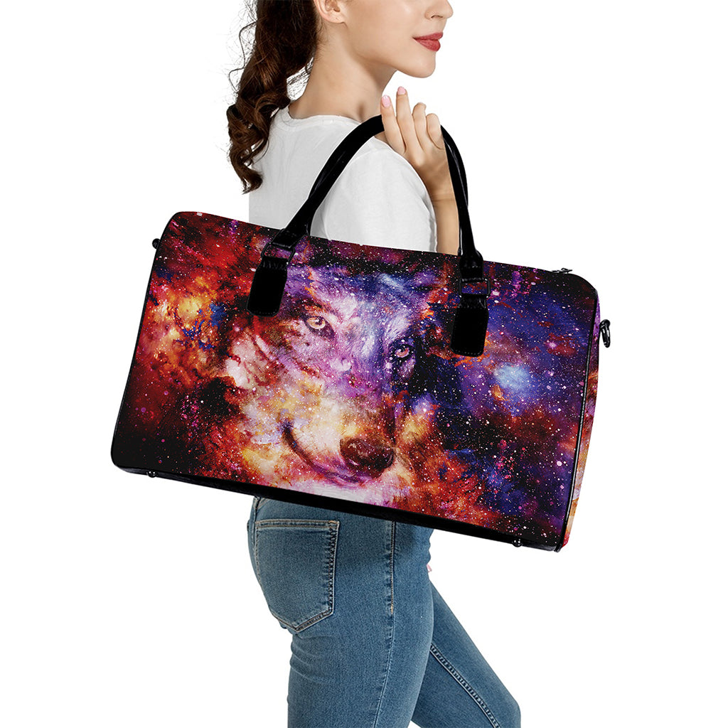 Galaxy Wolf Portrait Print Leather Duffle Bag