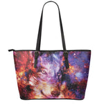 Galaxy Wolf Portrait Print Leather Tote Bag