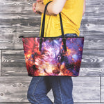 Galaxy Wolf Portrait Print Leather Tote Bag