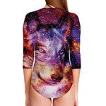 Galaxy Wolf Portrait Print Long Sleeve Swimsuit