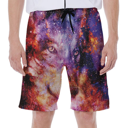 Galaxy Wolf Portrait Print Men's Beach Shorts