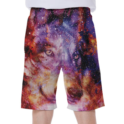 Galaxy Wolf Portrait Print Men's Beach Shorts