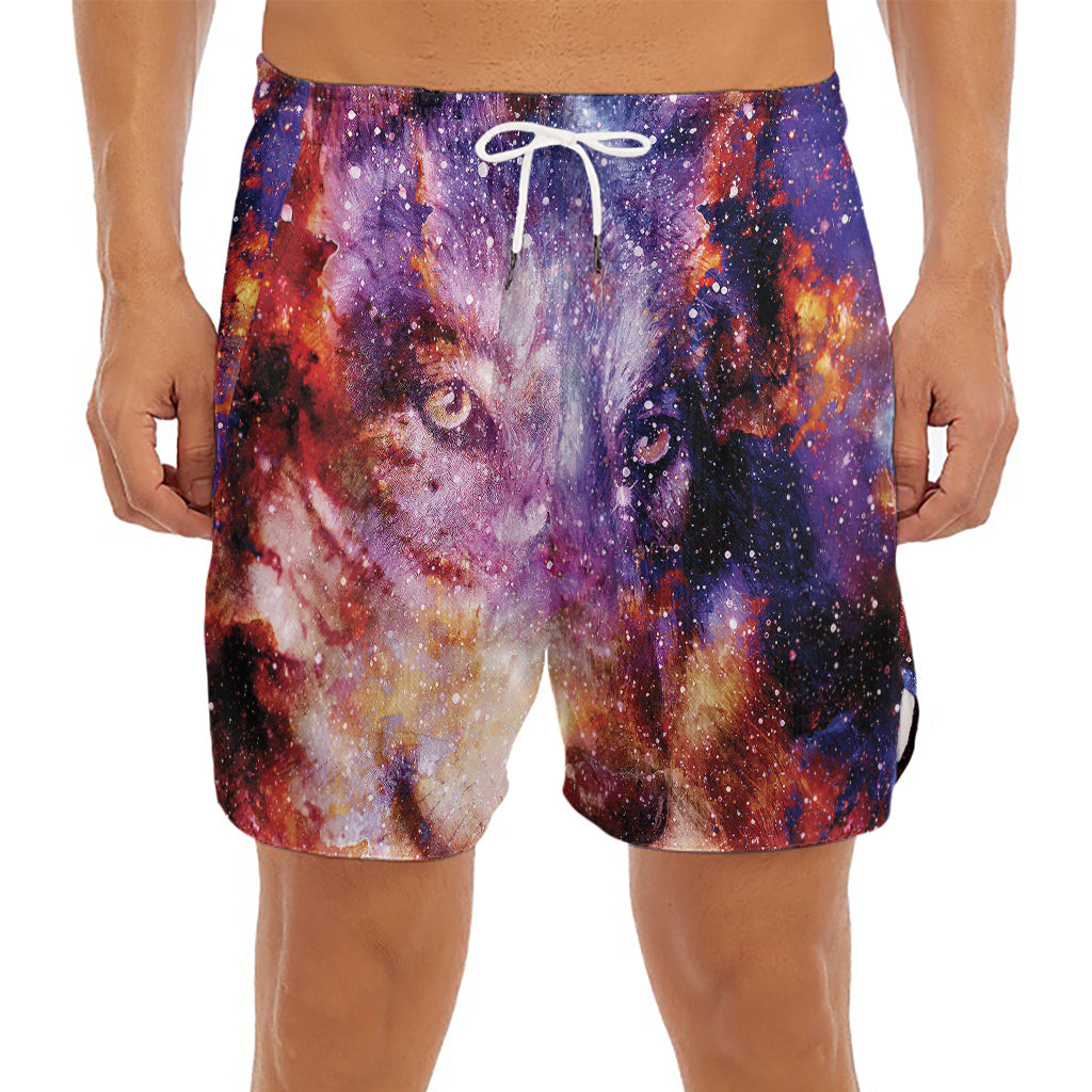 Galaxy Wolf Portrait Print Men's Split Running Shorts