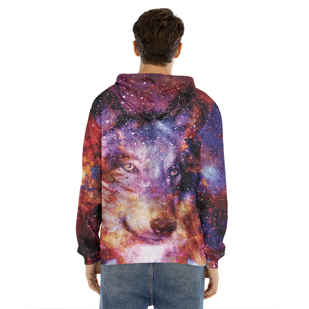 Galaxy Wolf Portrait Print Men's Velvet Pullover Hoodie