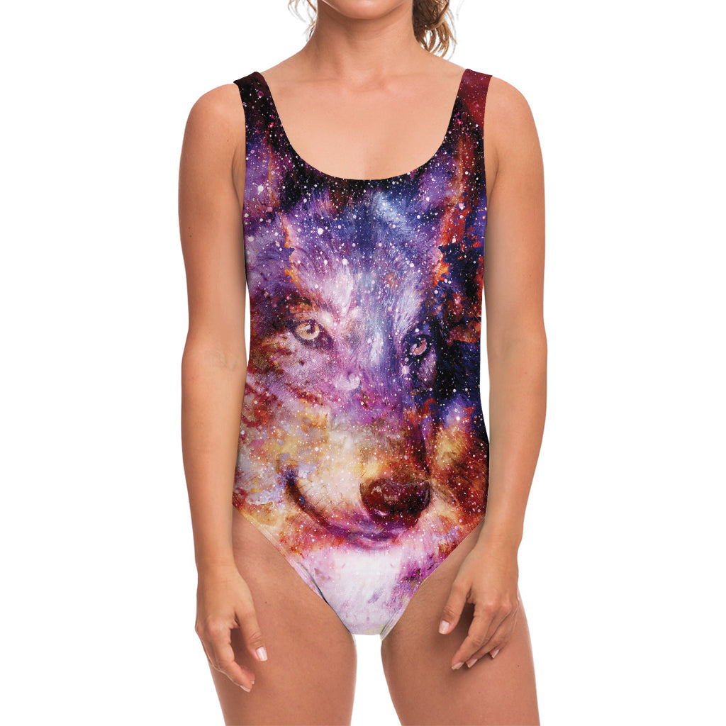 Galaxy Wolf Portrait Print One Piece Swimsuit