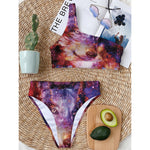 Galaxy Wolf Portrait Print One Shoulder Bikini Top