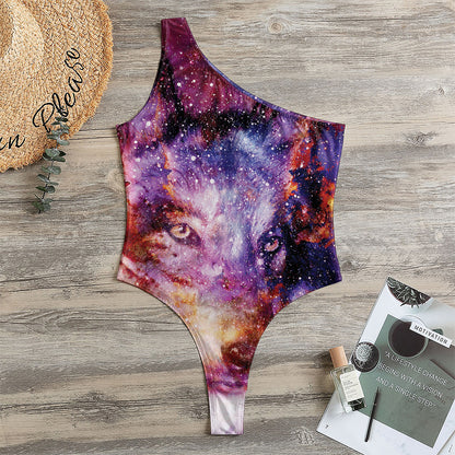 Galaxy Wolf Portrait Print One Shoulder Bodysuit