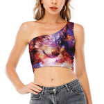 Galaxy Wolf Portrait Print One Shoulder Crop Top