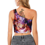 Galaxy Wolf Portrait Print One Shoulder Crop Top