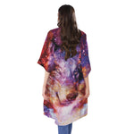 Galaxy Wolf Portrait Print Open Front Beach Cover Up
