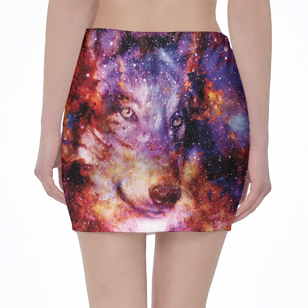 Galaxy Wolf Portrait Print Pencil Mini Skirt