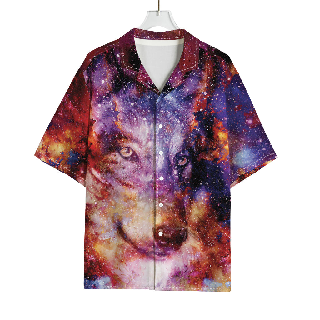 Galaxy Wolf Portrait Print Rayon Hawaiian Shirt