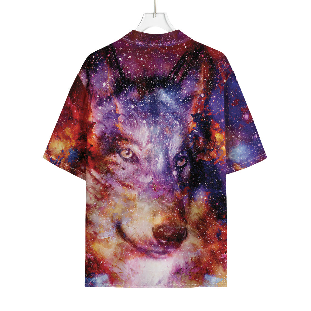 Galaxy Wolf Portrait Print Rayon Hawaiian Shirt