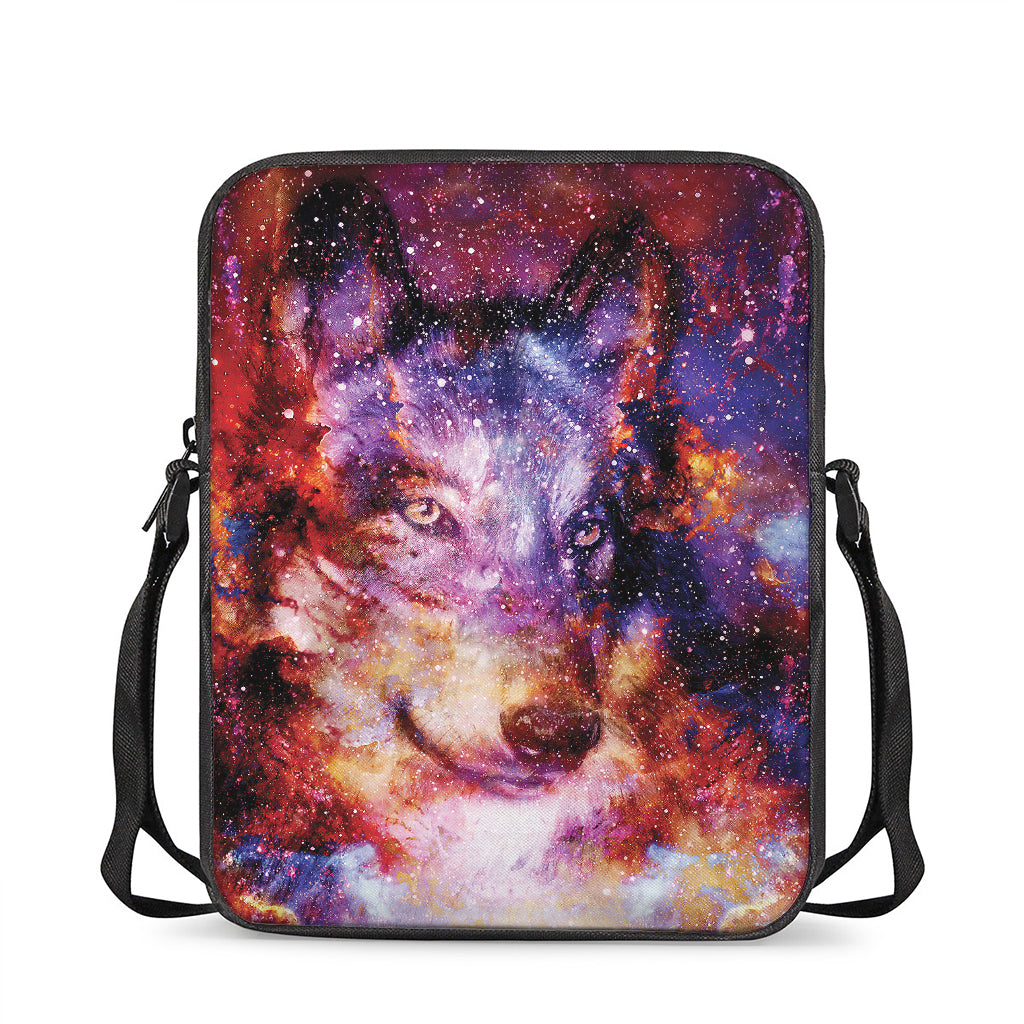 Galaxy Wolf Portrait Print Rectangular Crossbody Bag