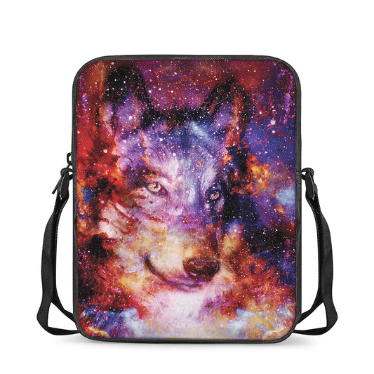 Galaxy Wolf Portrait Print Rectangular Crossbody Bag