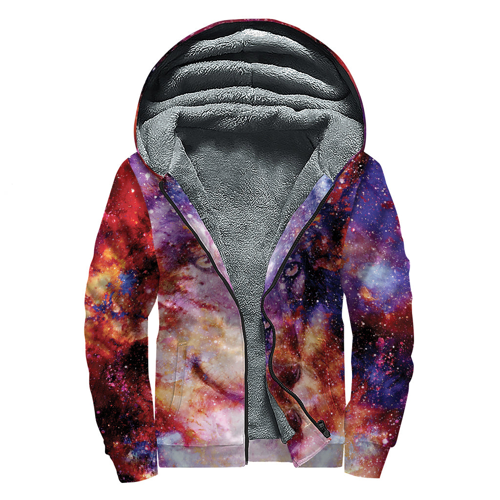 Galaxy Wolf Portrait Print Sherpa Lined Zip Up Hoodie