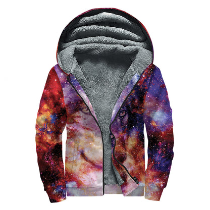 Galaxy Wolf Portrait Print Sherpa Lined Zip Up Hoodie