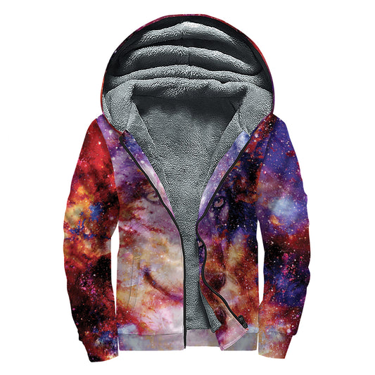 Galaxy Wolf Portrait Print Sherpa Lined Zip Up Hoodie