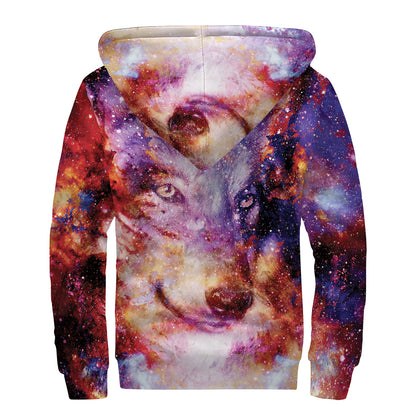 Galaxy Wolf Portrait Print Sherpa Lined Zip Up Hoodie