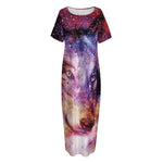 Galaxy Wolf Portrait Print Short Sleeve Long Nightdress