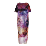 Galaxy Wolf Portrait Print Short Sleeve Long Nightdress