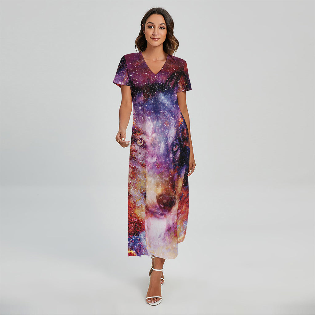 Galaxy Wolf Portrait Print Short Sleeve Maxi Dress