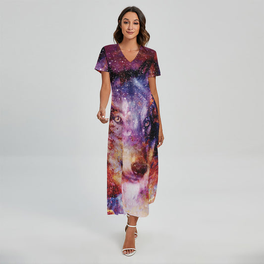 Galaxy Wolf Portrait Print Short Sleeve Maxi Dress