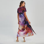 Galaxy Wolf Portrait Print Short Sleeve Maxi Dress