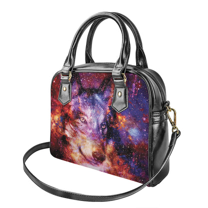 Galaxy Wolf Portrait Print Shoulder Handbag