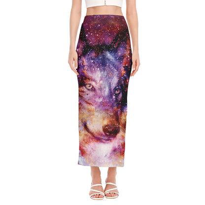 Galaxy Wolf Portrait Print Side Slit Maxi Skirt