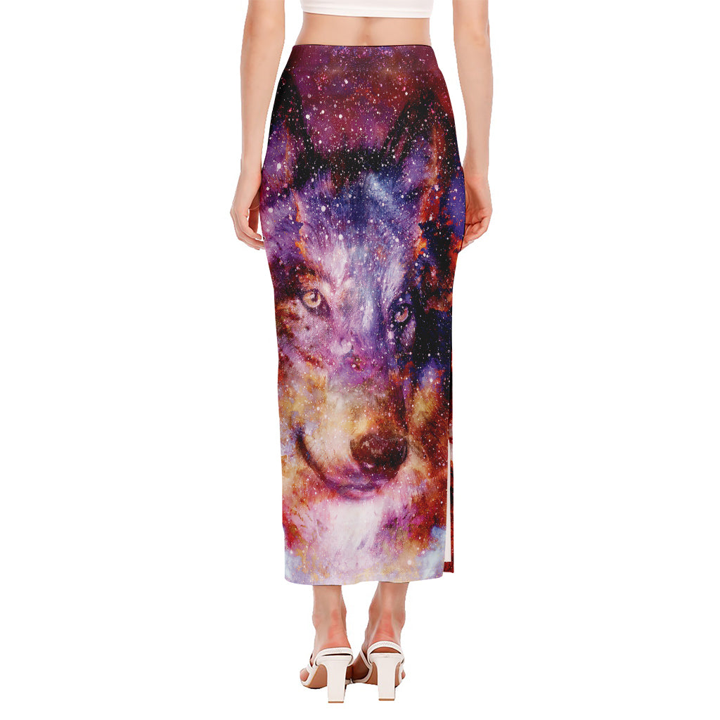 Galaxy Wolf Portrait Print Side Slit Maxi Skirt