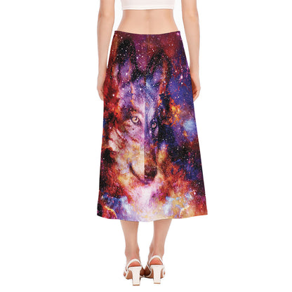 Galaxy Wolf Portrait Print Side Slit Midi Skirt