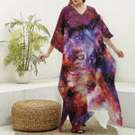 Galaxy Wolf Portrait Print Silk V-Neck Kaftan Dress