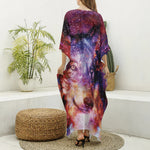 Galaxy Wolf Portrait Print Silk V-Neck Kaftan Dress