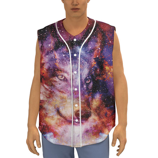 Galaxy Wolf Portrait Print Sleeveless Baseball Jersey
