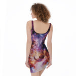 Galaxy Wolf Portrait Print Sleeveless Bodycon Dress