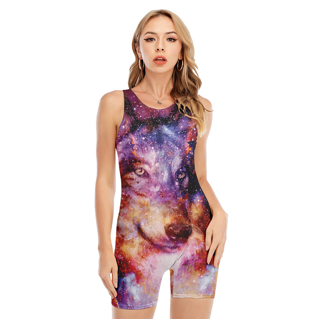 Galaxy Wolf Portrait Print Sleeveless One Piece Swimsuit