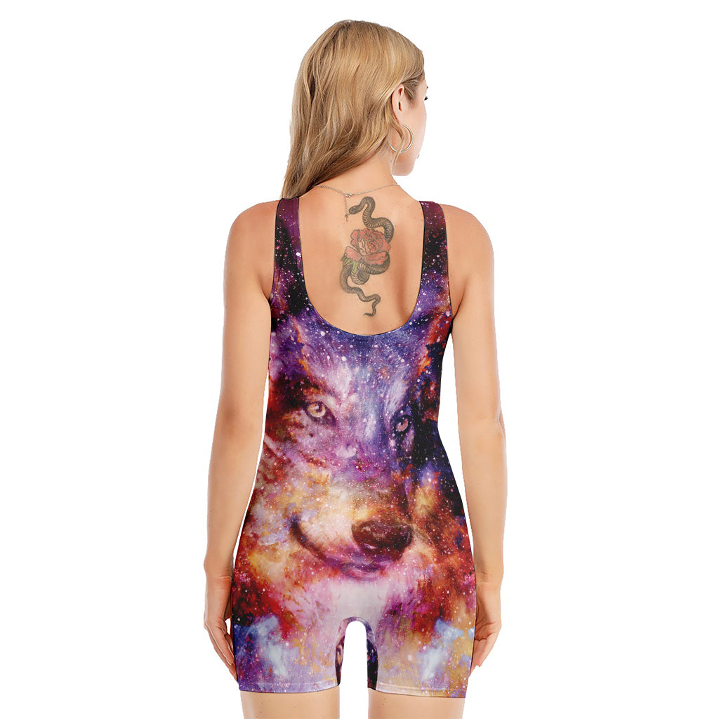 Galaxy Wolf Portrait Print Sleeveless One Piece Swimsuit