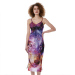 Galaxy Wolf Portrait Print Slim Fit Midi Cami Dress