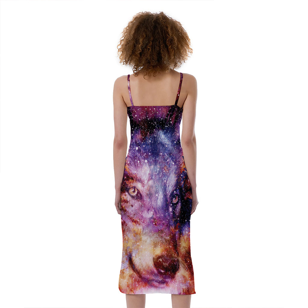 Galaxy Wolf Portrait Print Slim Fit Midi Cami Dress