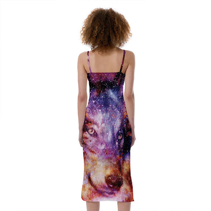 Galaxy Wolf Portrait Print Slim Fit Midi Cami Dress