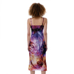 Galaxy Wolf Portrait Print Slim Fit Midi Cami Dress