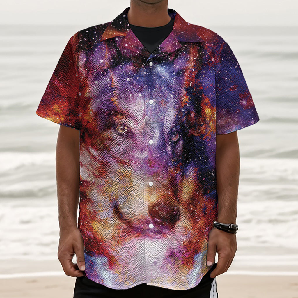 Galaxy Wolf Portrait Print Textured Short Sleeve Shirt