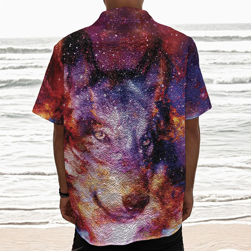 Galaxy Wolf Portrait Print Textured Short Sleeve Shirt