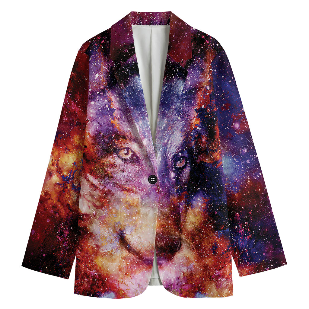 Galaxy Wolf Portrait Print Women's Cotton Blazer