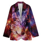 Galaxy Wolf Portrait Print Women's Cotton Blazer